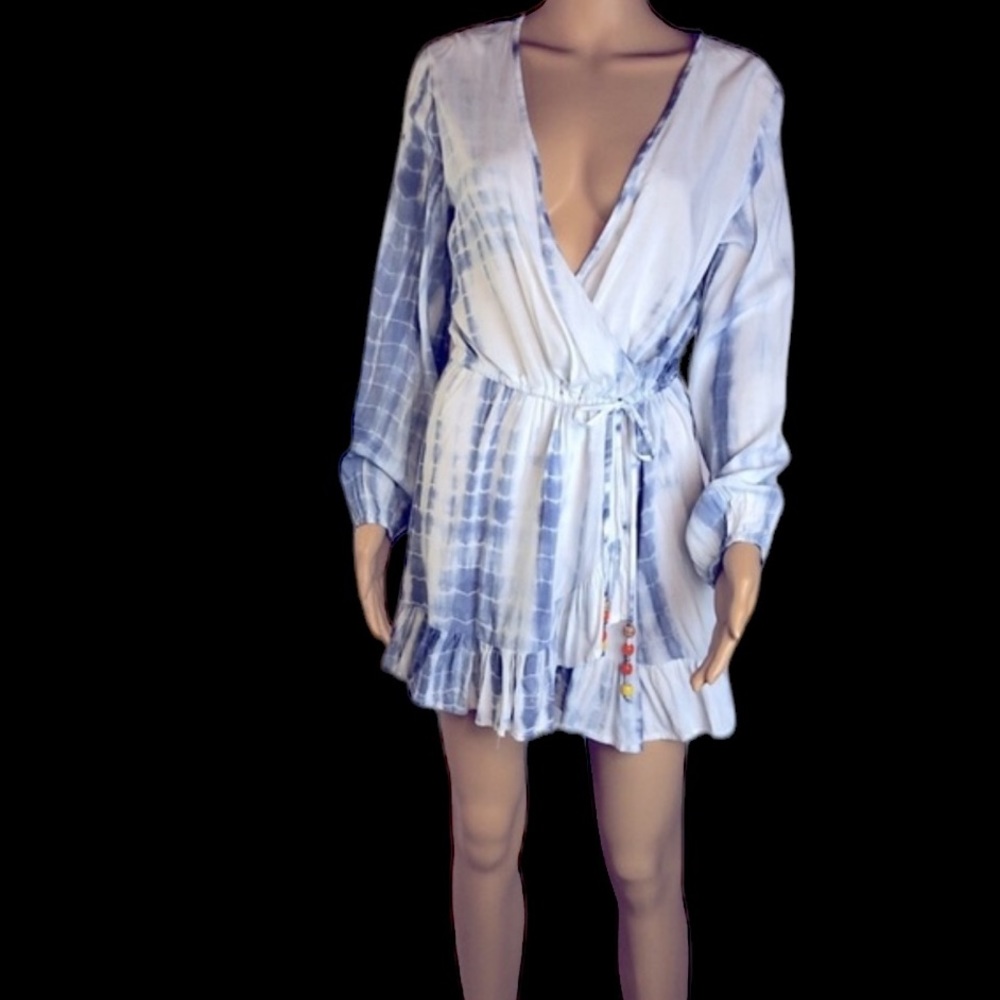 Blue Island Bohemian Blue White Tie Dye Cover Up Bead Drawstring Tie Waist Small